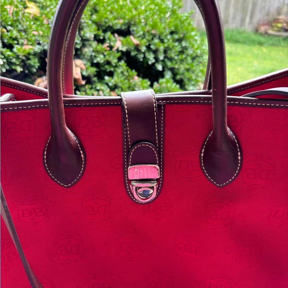 Dooney & Bourke Large Dark Red Monogram Canvas Tote Bag with Brown Leather Trim - Picture 3 of 12